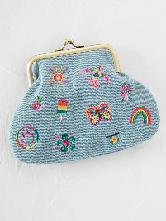 Embroidered  Coin Purse - Denim