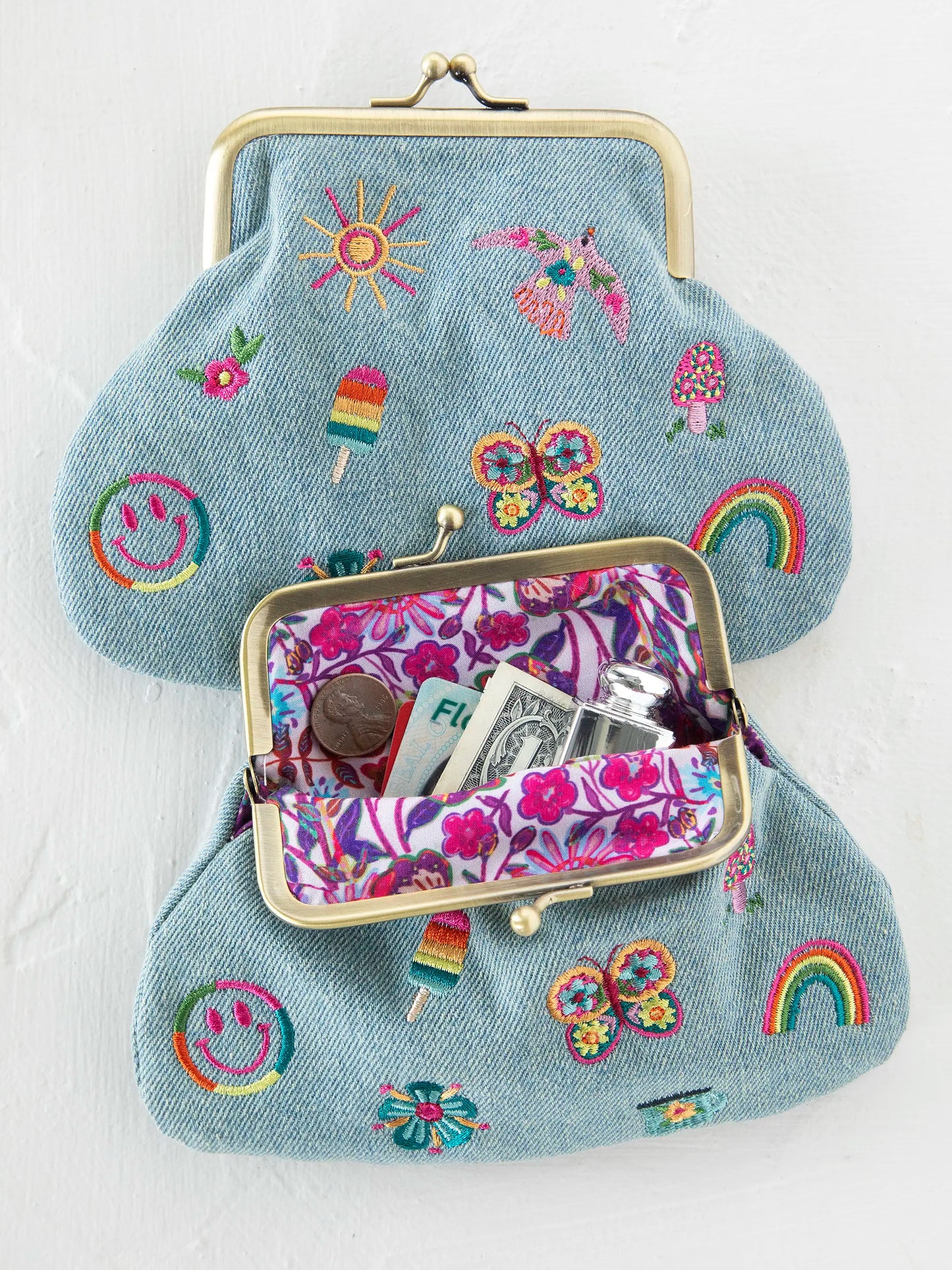 Embroidered  Coin Purse - Denim