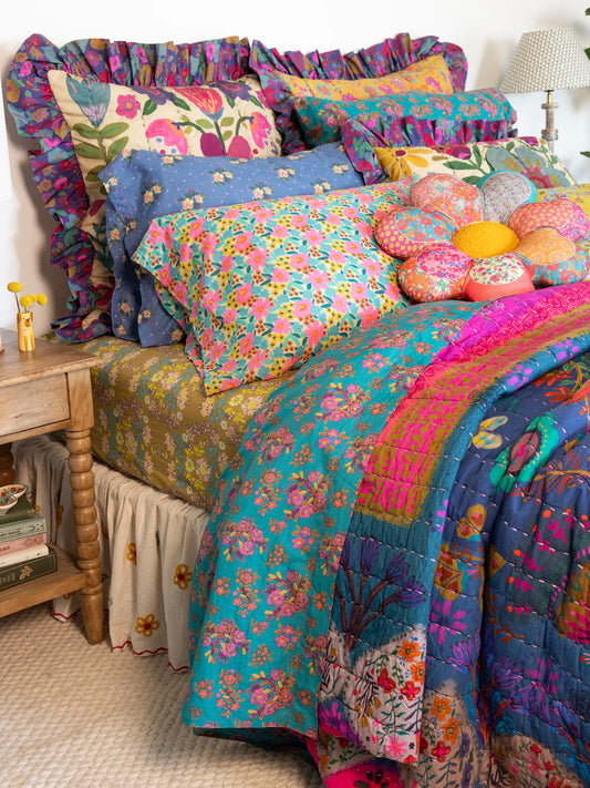 Mix & Match Cotton Flat Sheet - Teal Bouquet Blooms